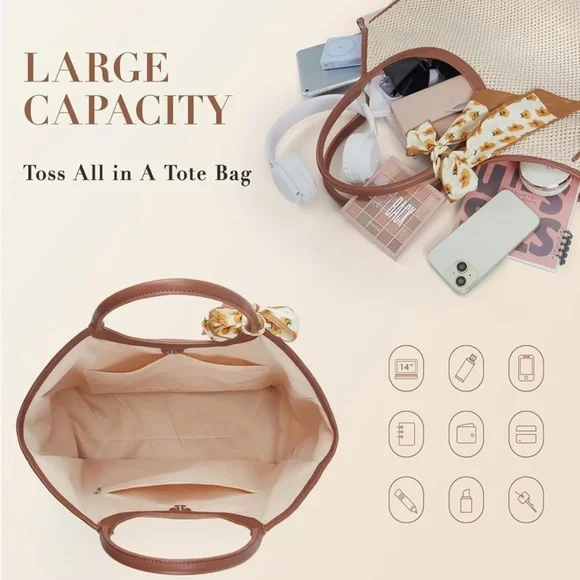 *New* (1 Left) Large Beach Straw Tote Raffia Woven Shoulder Bag - Brown/Beige - Picture 4 of 8